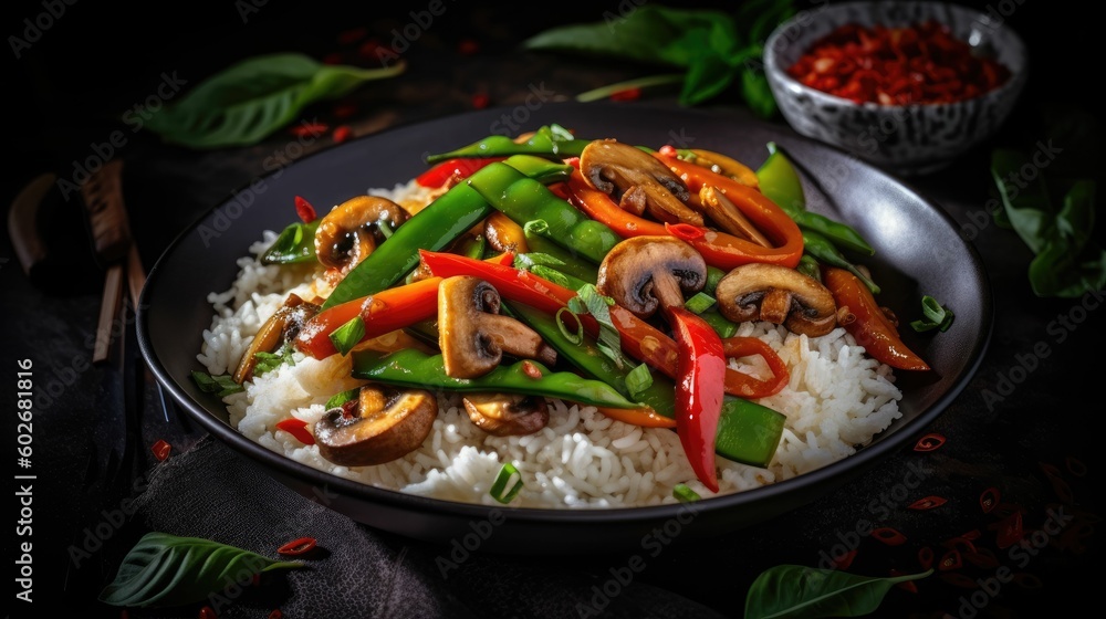 rice with vegetables in bowl. Generative AI rice with vegetables in bowl. Generative AI