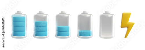 Set of battery indicator with different charge levels, cute 3d vector illustration isolated on white background.