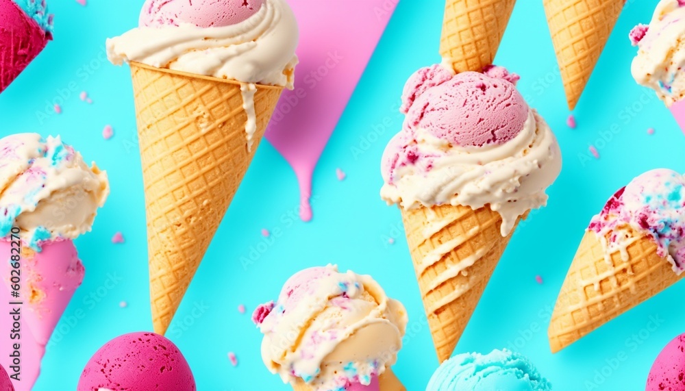 Ice cream on blue background, generative ai - obrazy, fototapety, plakaty 