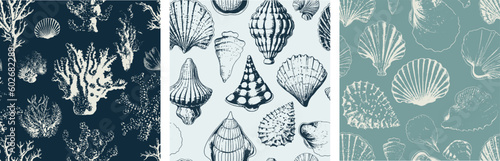 Fotografie, Tablou Seashell and Coral Ocean Marine life Seamless Vector Pattern Underwater Nursery