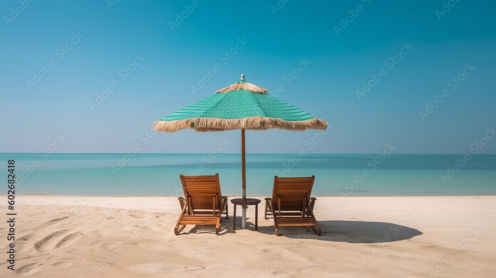 Beautiful Beach Panorama Banner: White Sand, Chairs, and Umbrella Travel Tourism Background. Generative AI.
