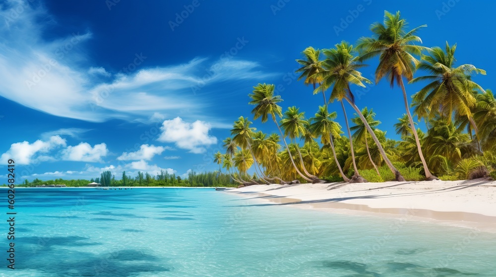 Beautiful Beach Panorama Banner: Tropical Beach Travel Tourism Background. Generative AI.
