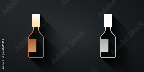 Gold and silver Tabasco sauce icon isolated on black background. Chili cayenne spicy pepper sauce. Long shadow style. Vector
