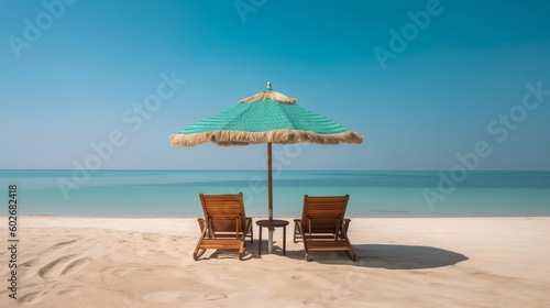 Beautiful Beach Panorama Banner  White Sand  Chairs  and Umbrella Travel Tourism Background. Generative AI.