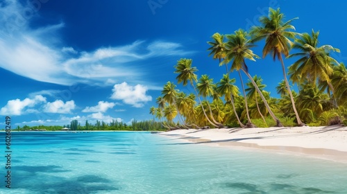 Beautiful Beach Panorama Banner  Tropical Beach Travel Tourism Background. Generative AI.
