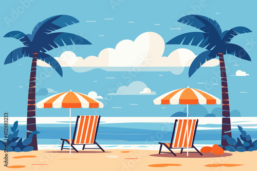  Summer holidays. Sun loungers on the beach. Beach landscape. Beautiful seascape banner Nautical holiday. Vector illustration