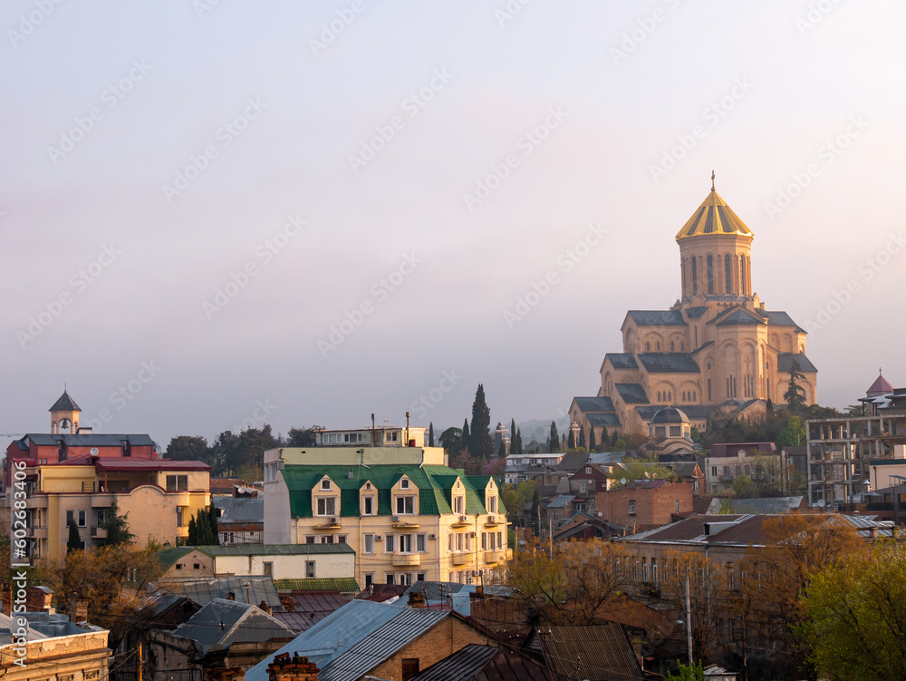 Skyline of Tbilisi, Georgia with the prominent Holy Trinity Cathedral of Tbilisi on a bright spring morning 2