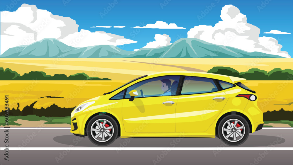 Fototapeta premium Concept vector illustration of horizontal view. Male rider inside hatchback car driving on the asphalt road. Background of yellow flower field. with mountain under blue sky and white clouds.