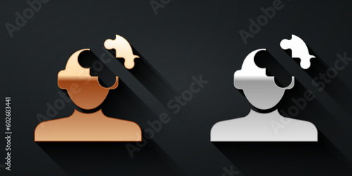 Gold and silver Solution to the problem in psychology icon isolated on black background. Puzzle. Therapy for mental health. Long shadow style. Vector