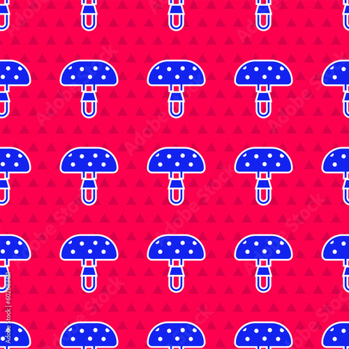 Blue Amanita muscaria or fly agaric hallucinogenic toadstool mushroom icon isolated seamless pattern on red background. Spotted poisonous mushroom. Vector