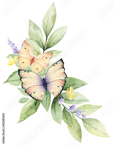 Wildflowers and Butterflies Watercolor wreath isolated on white background.  ...