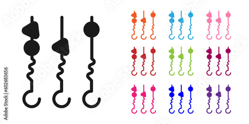 Black Grilled shish kebab on skewer stick icon isolated on white background. Meat kebab on skewer stick. Picnic with grilled meat. Set icons colorful. Vector