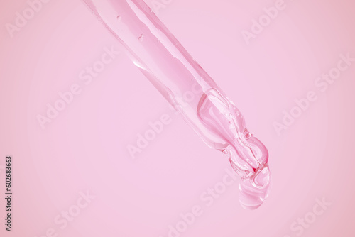 Leaking transparent gel from an eyedropper onto a pink background. Bubbles from the gel. Gel texture.