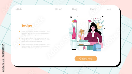 Judge web banner or landing page. Court worker stand for justice