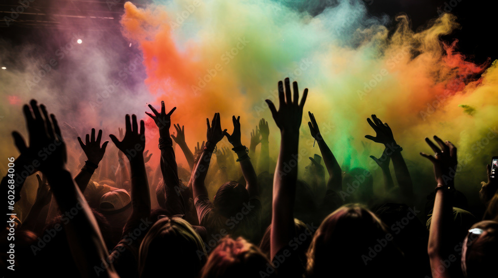 silhouettes of hands in front of a bright stage.
Silhouettes of concert crowd at a music festival. Colorful lights
crowd with hands raised - color filter effect. Generated AI