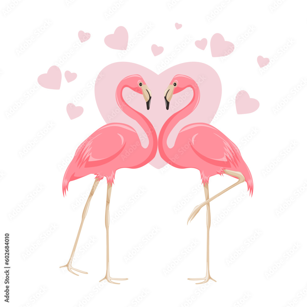 Obraz premium Romantic illustration with pink flamingo birds. Couple in love. Love day, valentine's day card. Vector cartoon flamingo.