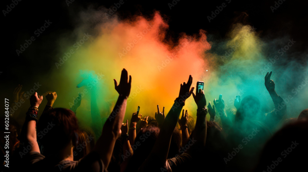 silhouettes of hands in front of a bright stage.
Silhouettes of concert crowd at a music festival. Colorful lights
crowd with hands raised - color filter effect. Generated AI