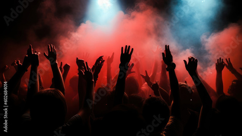 silhouettes of hands in front of a bright stage. Silhouettes of concert crowd at a music festival. Colorful lights crowd with hands raised - color filter effect. Generated AI