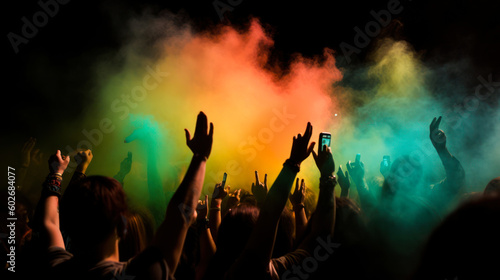 silhouettes of hands in front of a bright stage. Silhouettes of concert crowd at a music festival. Colorful lights crowd with hands raised - color filter effect. Generated AI