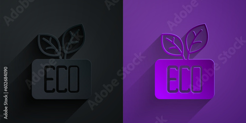 Paper cut Leaf Eco symbol icon isolated on black on purple background. Banner, label, tag, logo, sticker for eco green. Paper art style. Vector