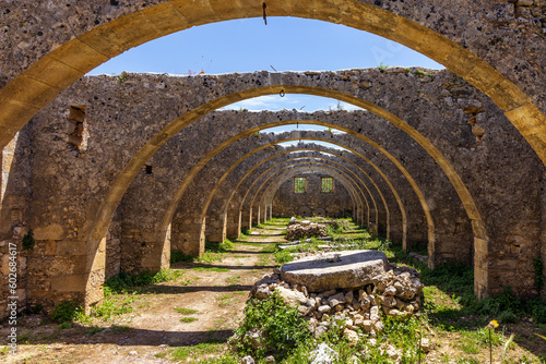 Arches of the old abandoned olive press  Agios Georgios  Saint George  monastery  Karydi  Apokoronas  Crete  Greece