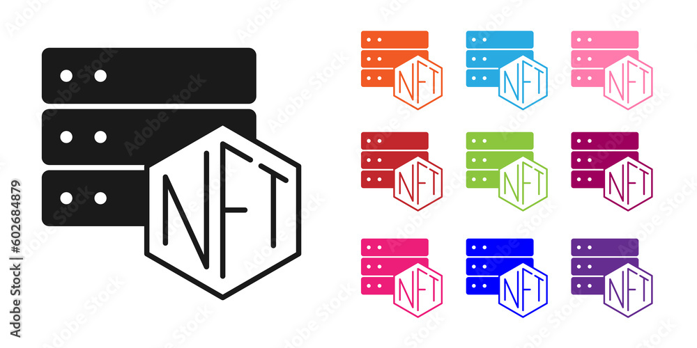 Black NFT blockchain technology icon isolated on white background. Non fungible token. Digital crypto art concept. Set icons colorful. Vector - obrazy, fototapety, plakaty 