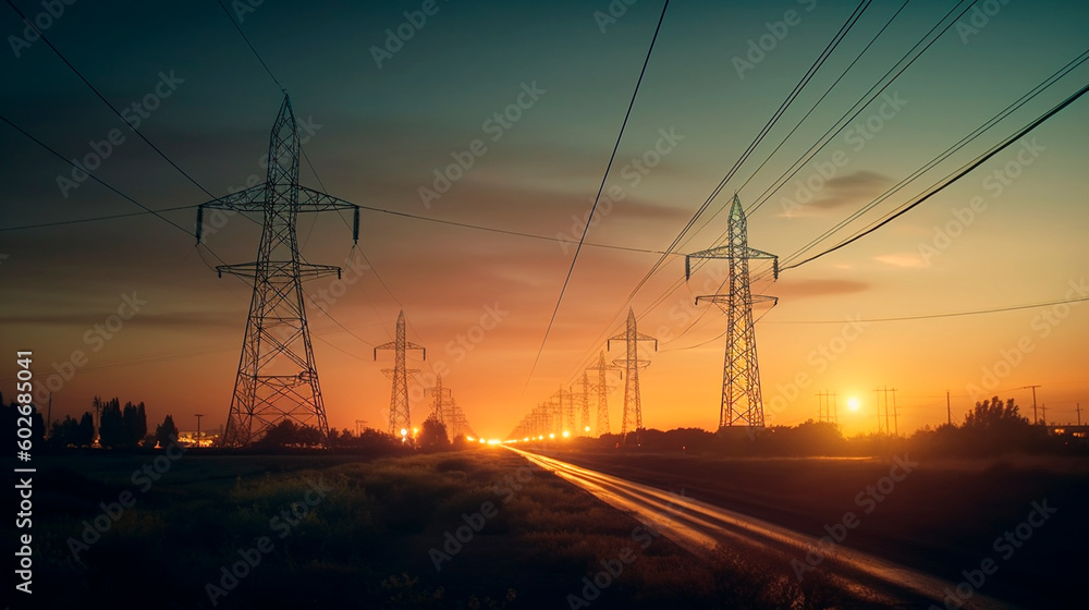 Electricity Superhighway: High-Voltage Transmission Lines in Action. Generative AI.