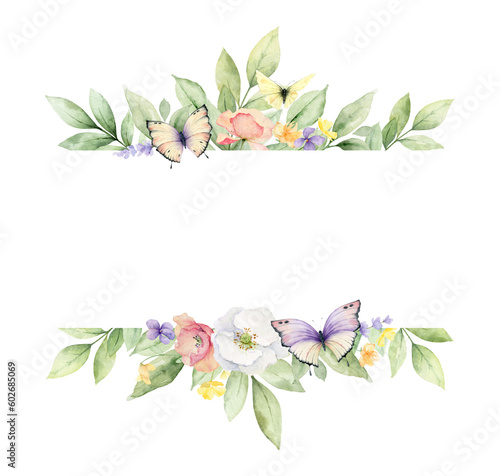 Wildflowers and Butterflies Watercolor banner isolated on white background.  ...