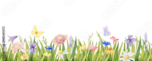 Watercolor border with butterfly, green grass and wildflowers. Greenery flowe...