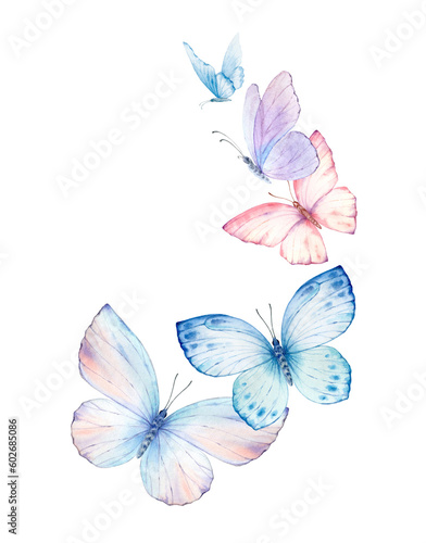 Butterflies Watercolor wreath isolated on white background.  Excellent for wedding design, stationery, invitations, postcards.