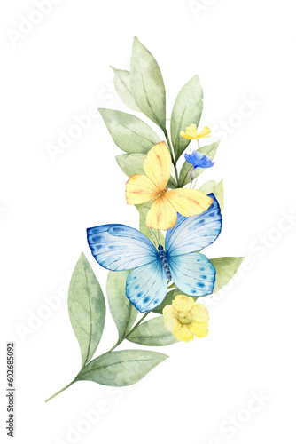 Wildflowers and Butterflies Watercolor wreath isolated on white background.  ...