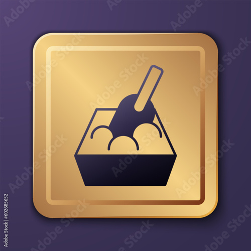Purple Cat litter tray with shovel icon isolated on purple background. Sandbox cat with shovel. Gold square button. Vector