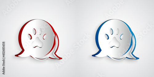 Paper cut Paw print icon isolated on grey background. Dog or cat paw print. Animal track. Paper art style. Vector