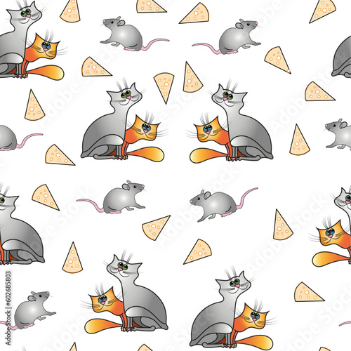 Cats mouse cheese seamless pattern.