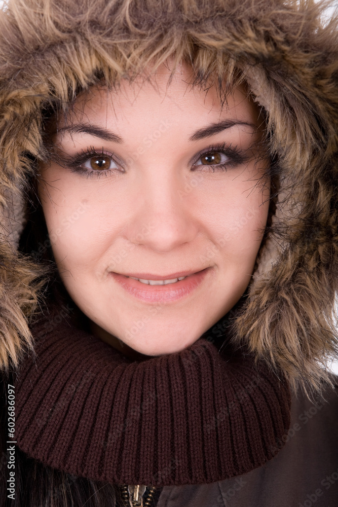 attractive brunette woman in winter clothes on white background attractive brunette woman in winter clothes on white background