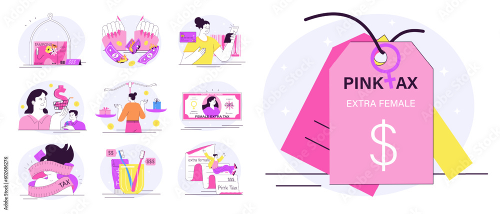 Pink tax concept set. Gender based price discrimination. Higher price Pink tax concept set. Gender based price discrimination. Higher price