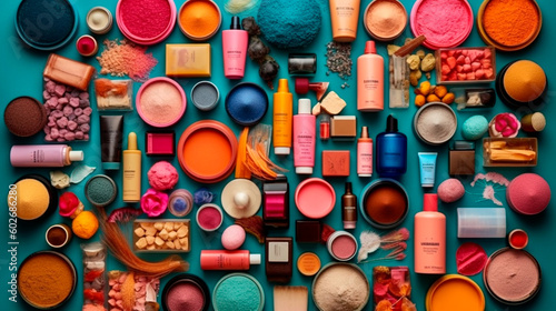 Colorful Beauty Essentials: Vibrant Flat Lay of Skincare and Makeup Product. Generative AI.