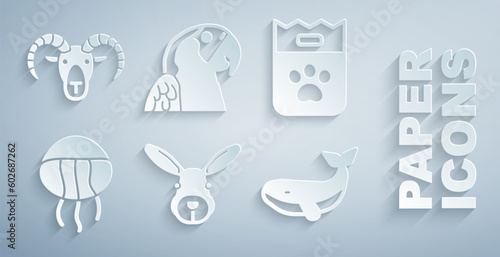 Set Rabbit head, Bag of food, Jellyfish, Whale, Macaw parrot and Head goat or ram icon. Vector