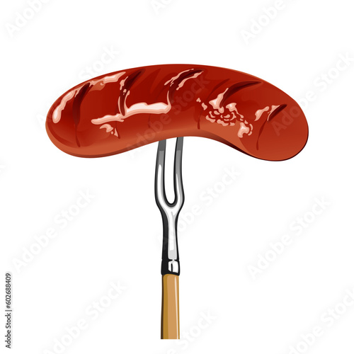 vector illustration of a realistic cooked sausage skewered on a fork