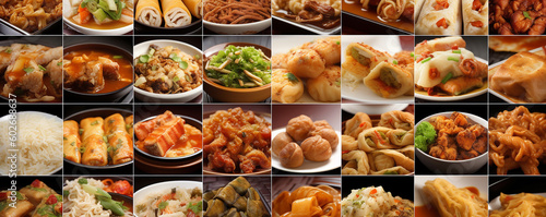 Collage  chinese food doodles  restaurant ,chinese dishes in group includes set,Chinese street asian food Generative AI 