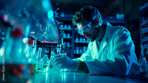Laboratory Research: Scientist in Lab Coat and Safety Goggles Pipetting. Generative AI. © Ramon