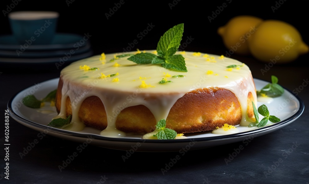  a cake with lemons and mint on a black table.  generative ai