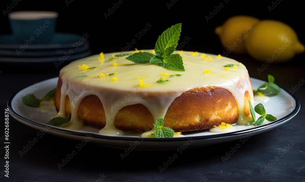 a cake with lemons and mint on a black table. generative ai a cake with lemons and mint on a black table. generative ai