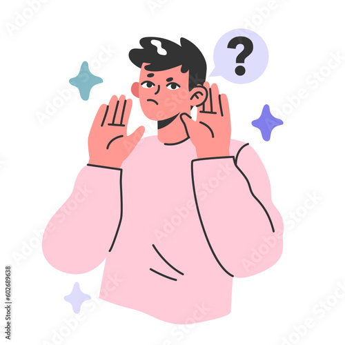 Hearing loss concept. Young male character with hearing system