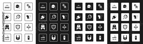 Set Breast pump, Sperm, Baby bottle, hat, t-shirt, Speech bubble mom, Whirligig toy and potty icon. Vector