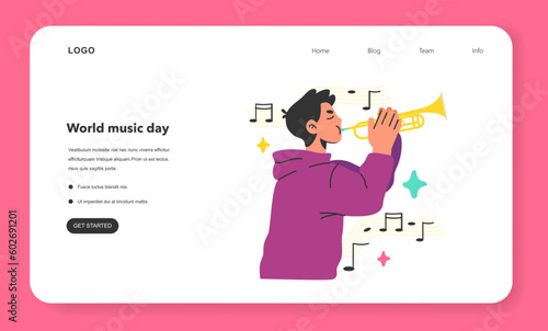 Man playing the trumpet web banner or landing page. Musical instrument
