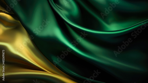Closeup of rippled green and yellow satin silk fabric abstract background of elegant green silk or satin with some smooth folds in it. 3d render, abstract background, satin, silk, waves. Generated AI