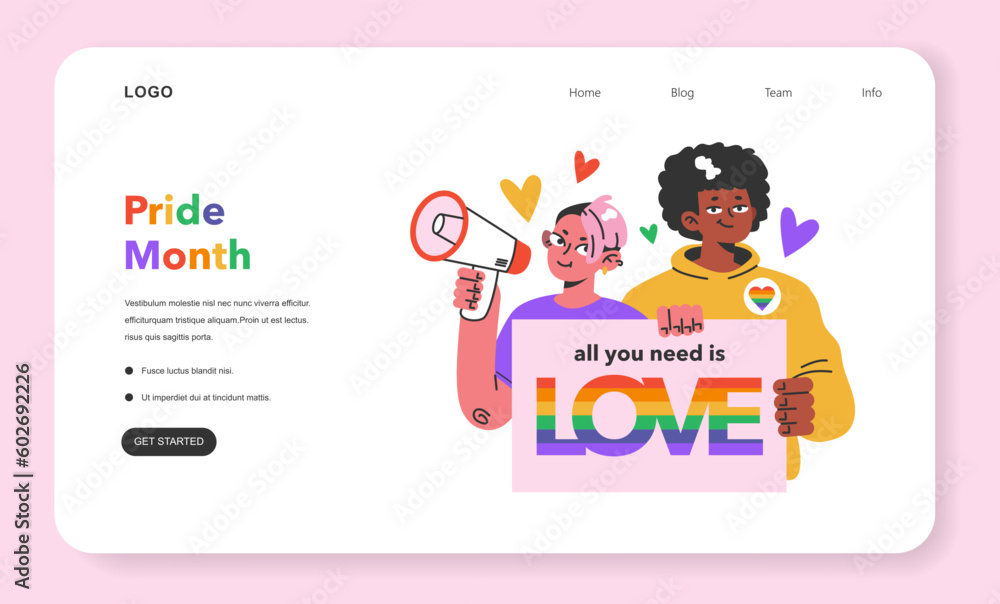 Cheerful characters with rainbow flags celebrate pride month web banner Cheerful characters with rainbow flags celebrate pride month web banner