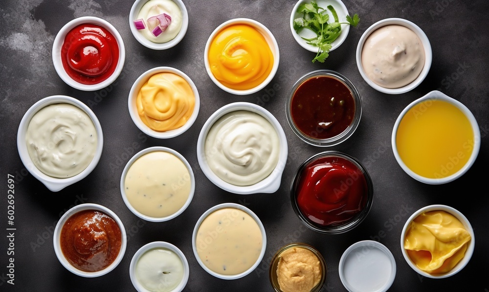 a variety of sauces are arranged in small white bowls. generative ai a variety of sauces are arranged in small white bowls. generative ai
