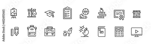 School related icons. Subjects, backpack, graduation cap and lunch. Pixel perfect, editable stroke line icons set